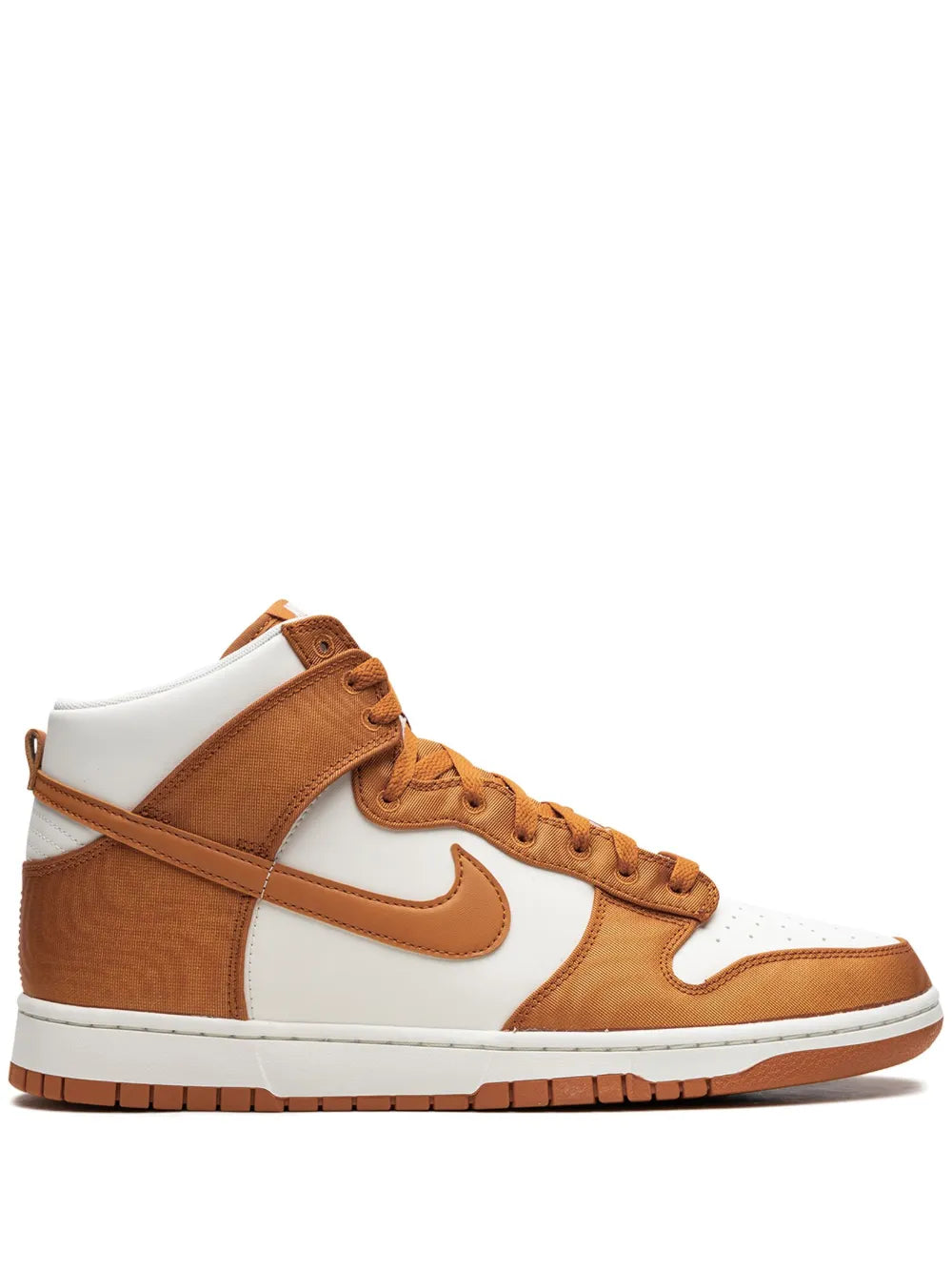 Brown and white high-top sneakers with lace-up closure and Nike swoosh detail