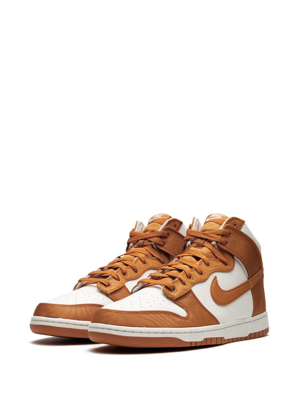 Brown and white high-top sneakers with lace-up and Nike swoosh, front view