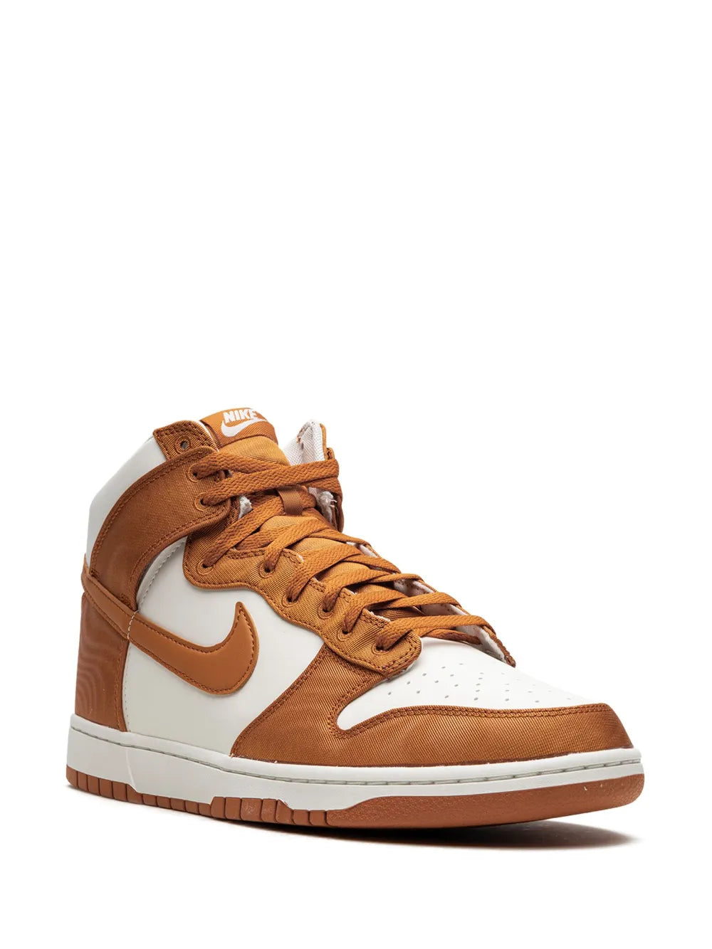 Brown and white high-top sneakers with Nike swoosh and lace-up side profile