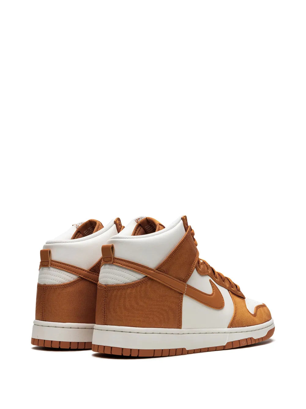 Brown and white high-top sneakers with padded collar and Nike swoosh detail