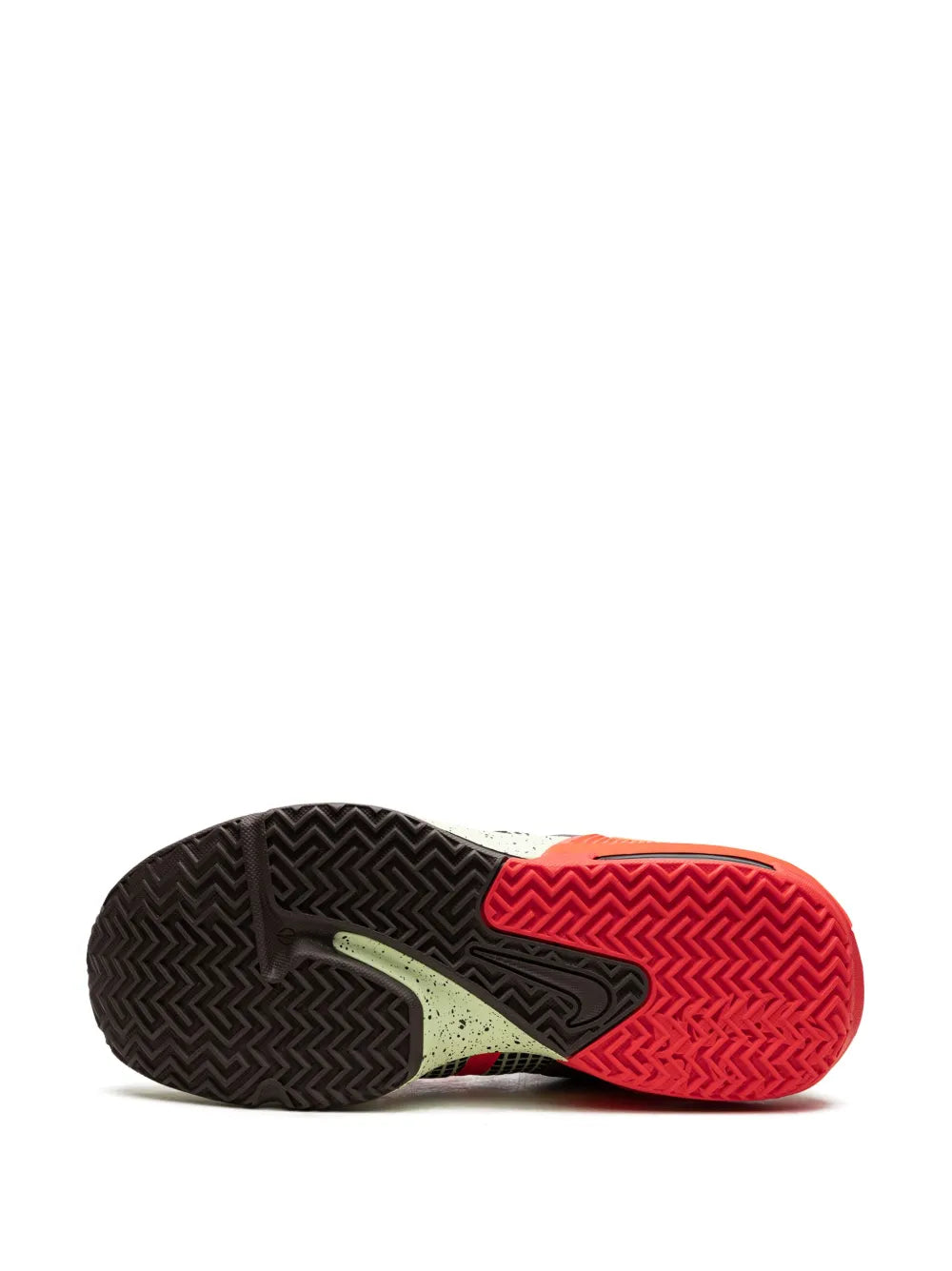 Basketball sneaker outsole with textured traction tread and red center panel