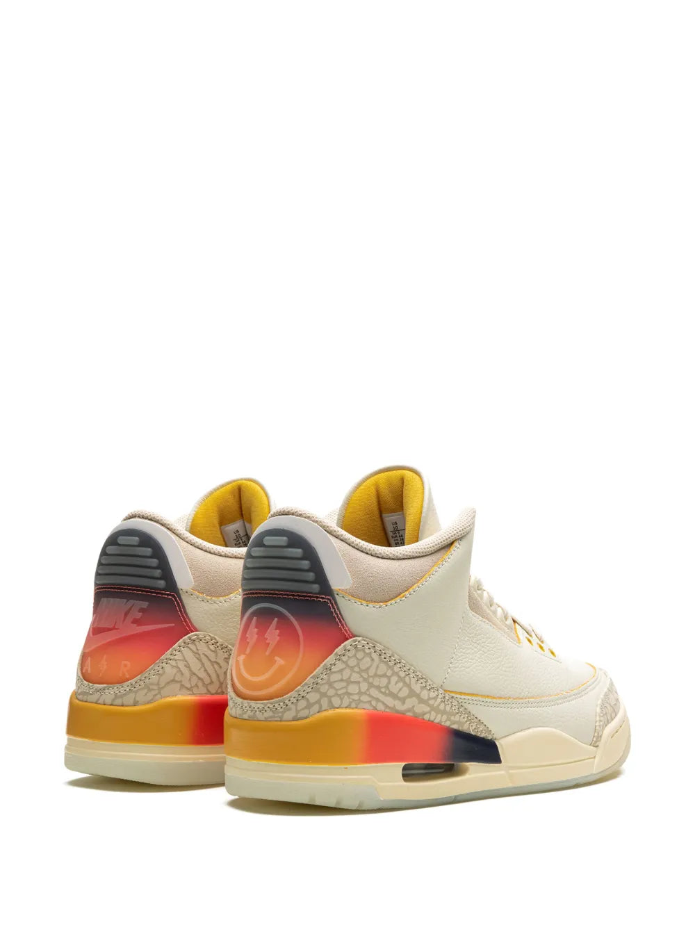 Air Jordan 3 J Balvin sneakers, heel and side view with orange air-sole and yellow lining