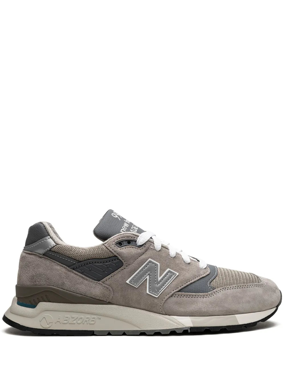 New Balance 998 grey suede sneakers with silver N logo, white laces