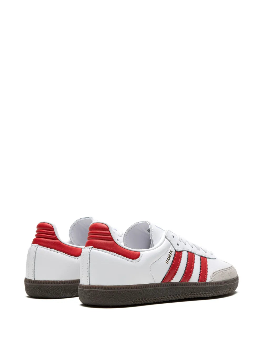 White adidas Samba OG sneakers with red heel tab and striped quarter panels
