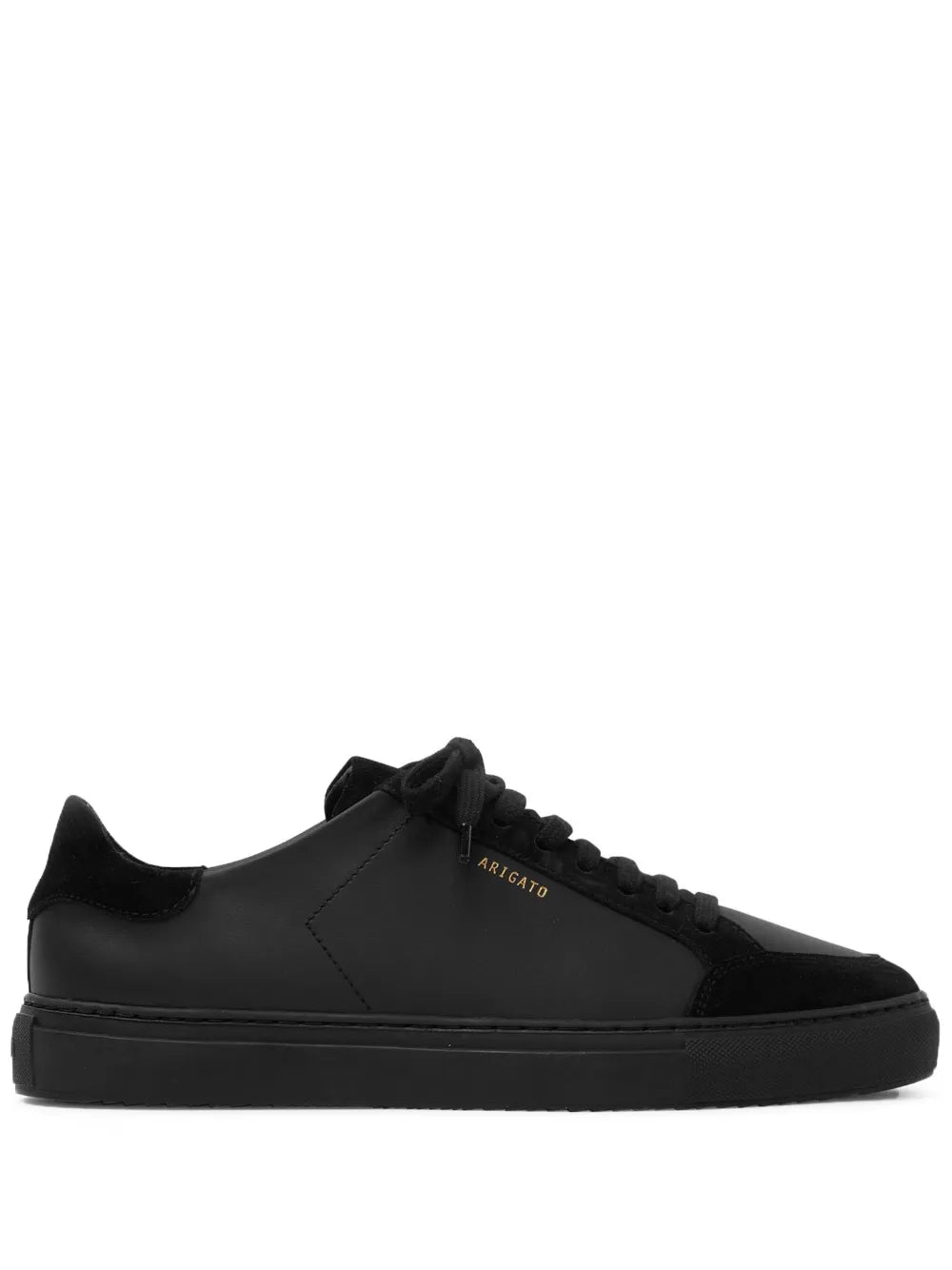Black low-top leather sneaker with lace-up front and rubber sole