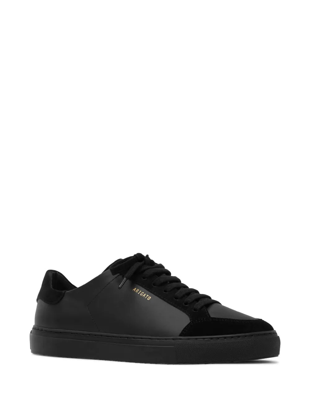 Black low-top lace-up sneaker with side panel stitching and rubber sole