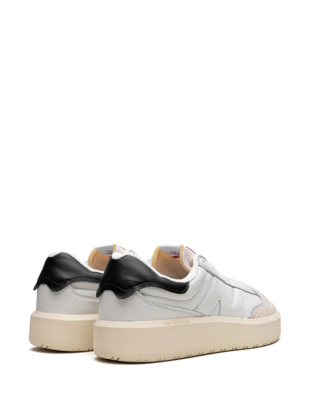 New Balance Ct302 white sneakers with black heel tabs and beige outsole