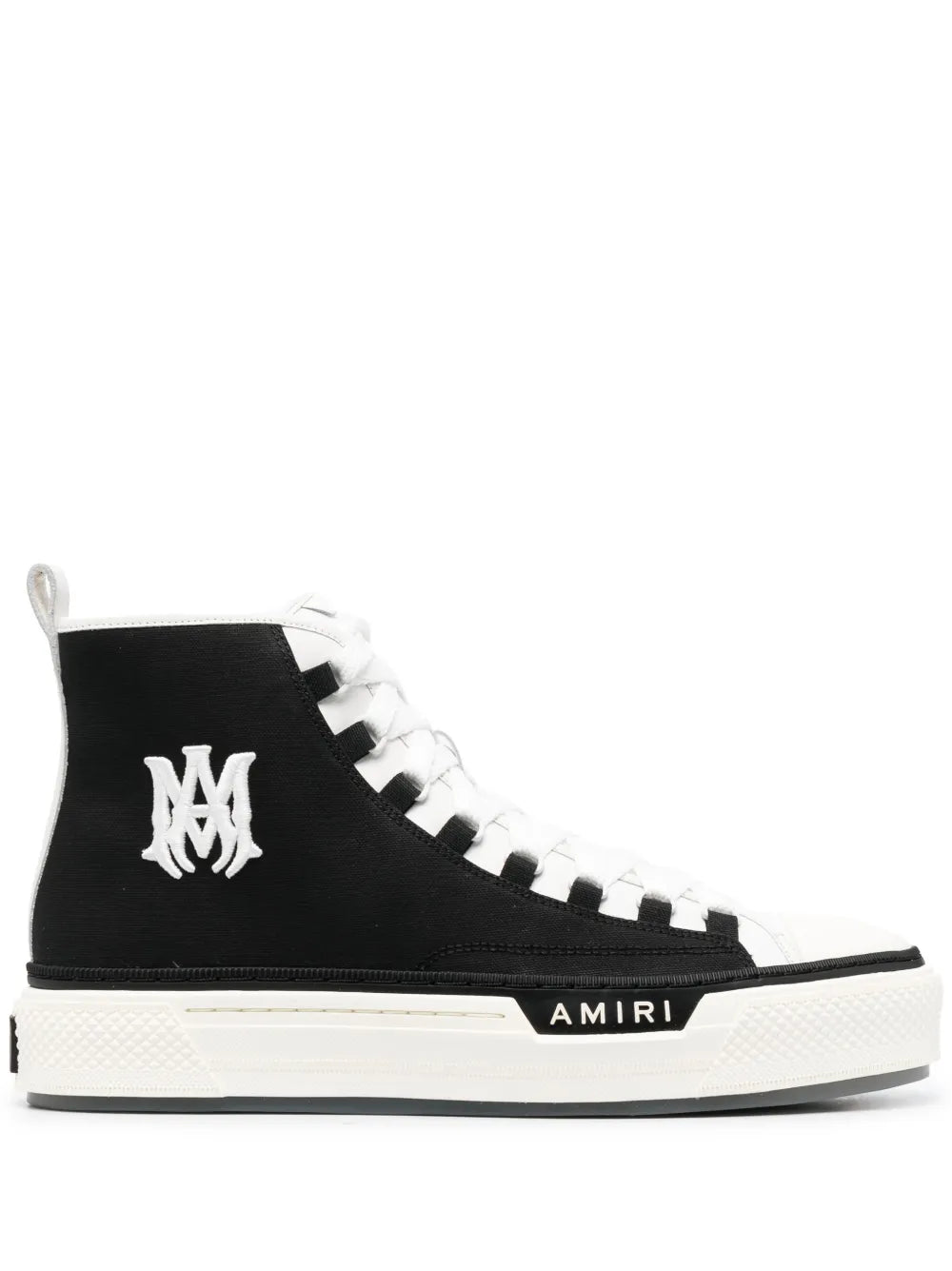 Black and white high-top sneakers with lace-up closure and M logo on side