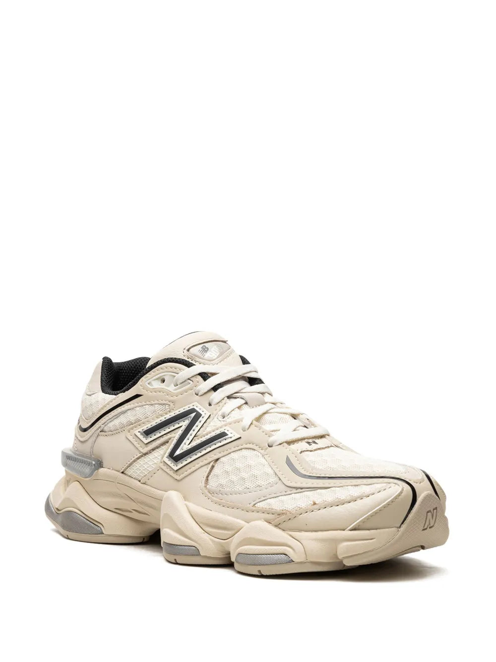 Beige New Balance 9060 low-top sneaker, front side view with lace-up