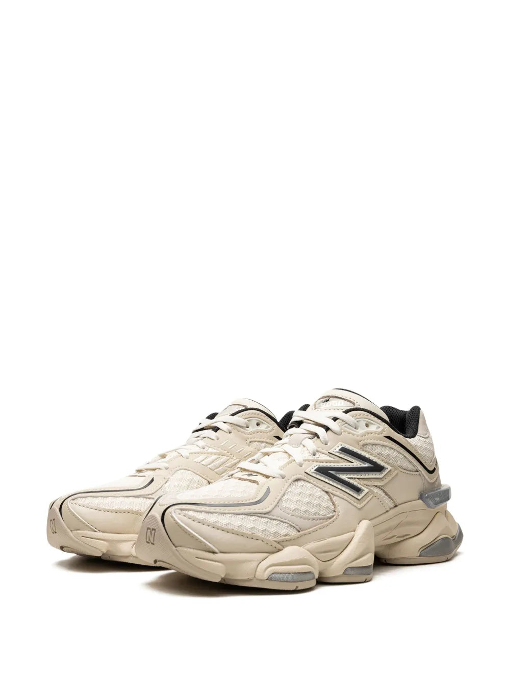 Beige New Balance 9060 low-top sneaker, front view with laces and N logo
