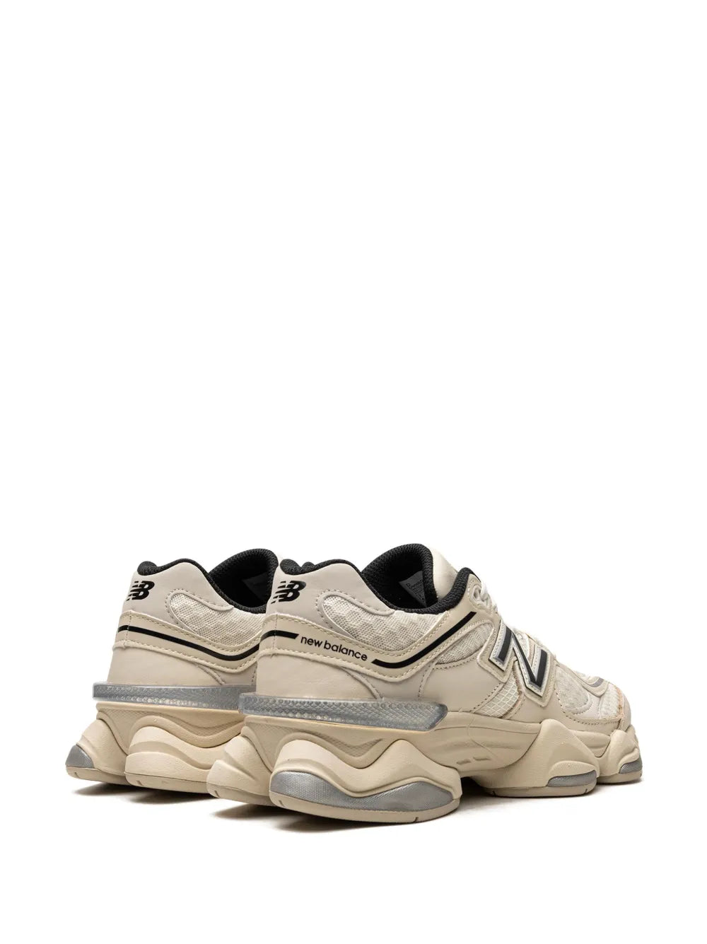 Beige New Balance 9060 low-top sneaker, rear side view with heel tab