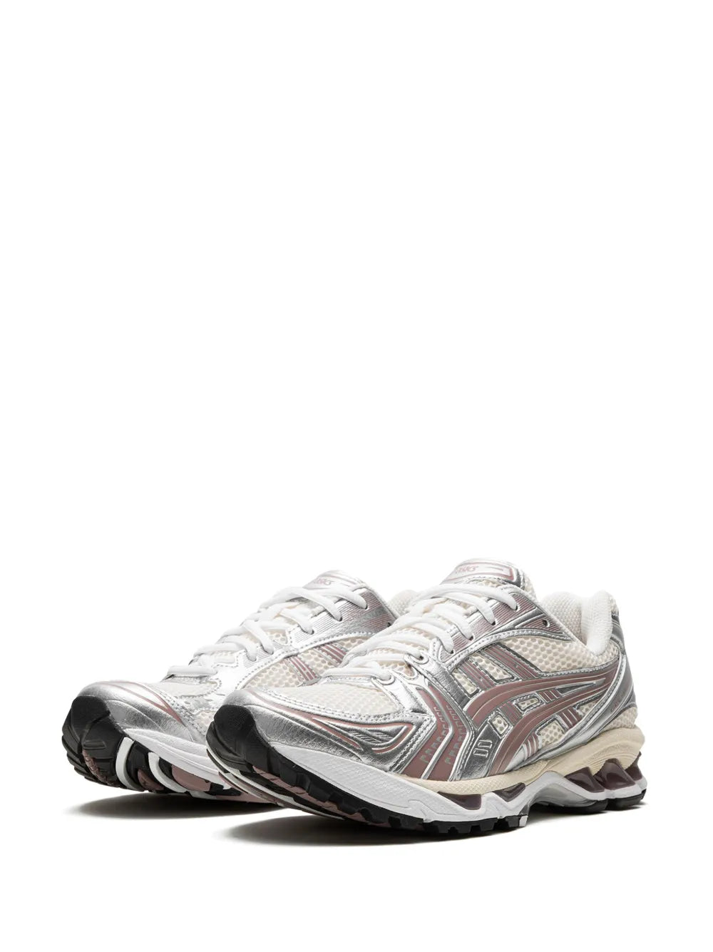 Asics Gel Kayano 14 sneakers front angle, cream and silver-tone with laces