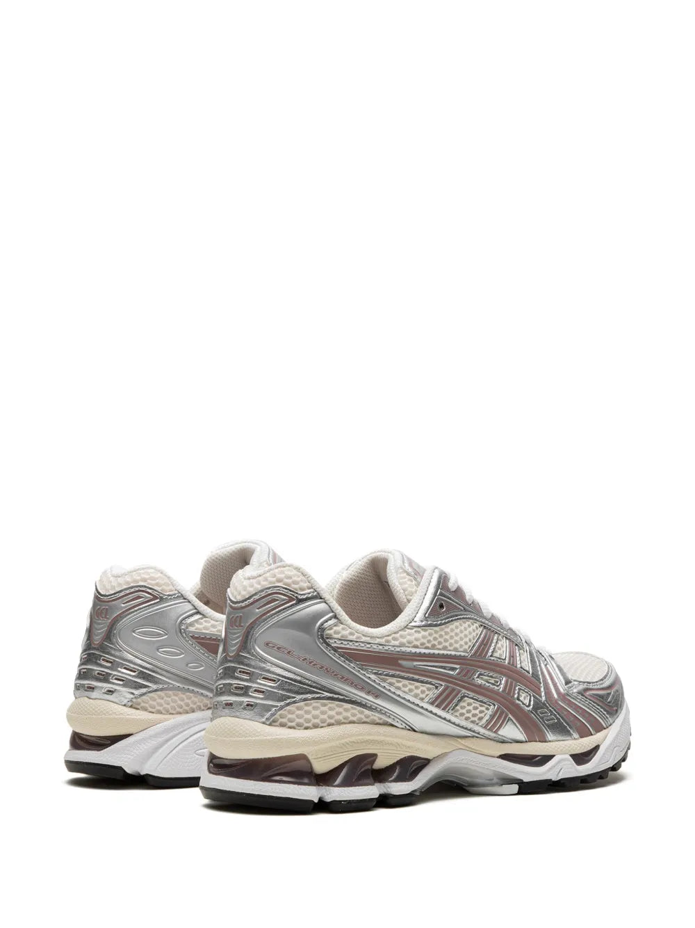 Asics Gel Kayano 14 sneakers pair, cream and silver-tone uppers, cushioned sole