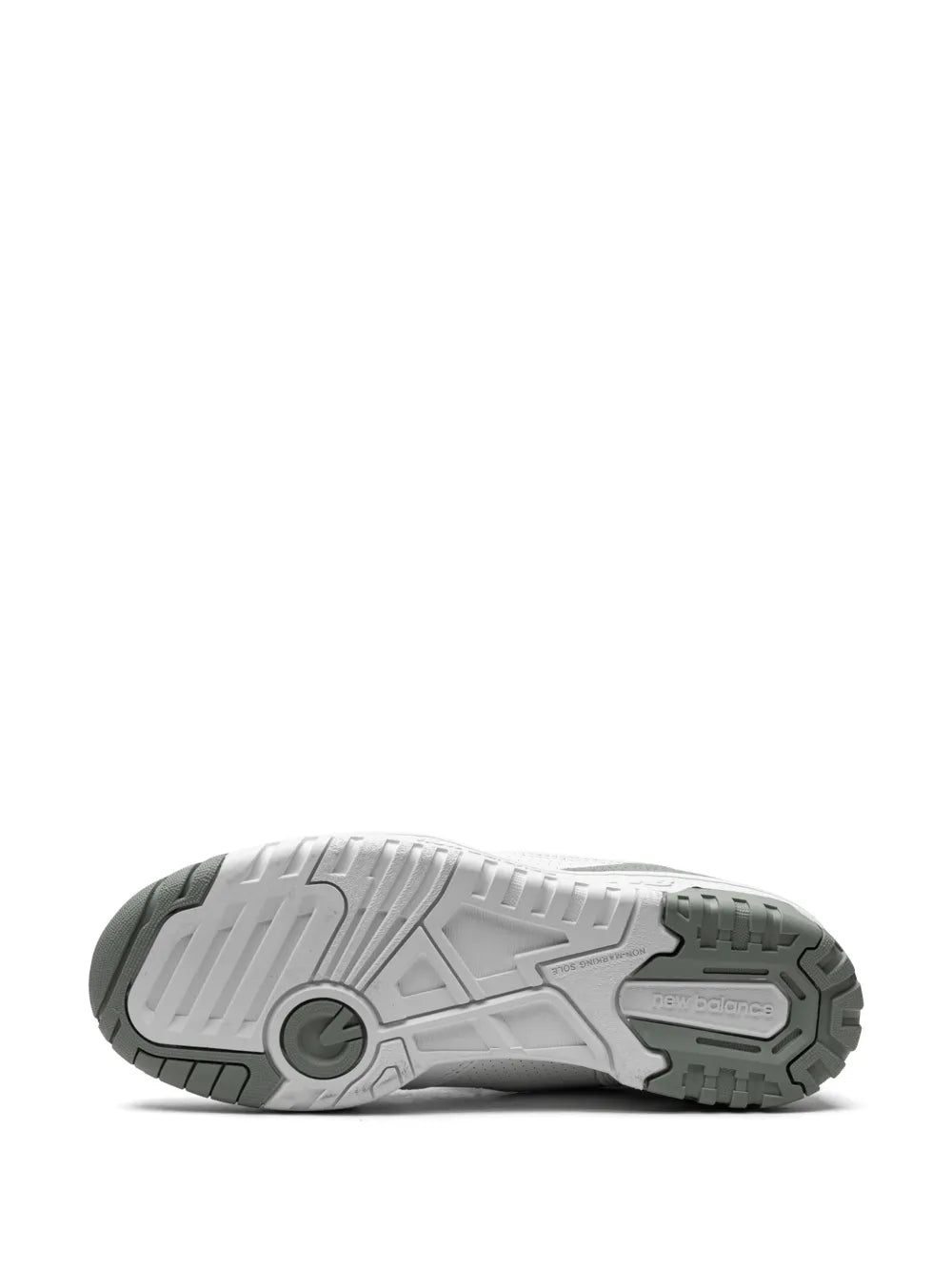 Sneaker outsole view with gray traction tread and green heel detail on white base