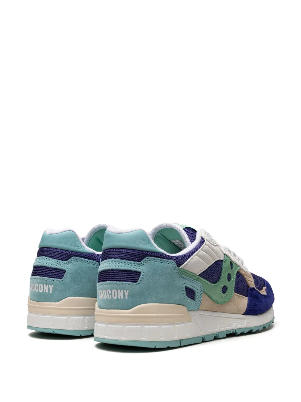 Blue lace-up sneaker with mint accents and beige heel tab, rear view