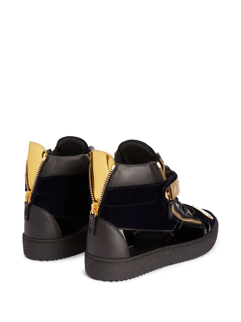 Mid-top sneakers, dark navy/black with gold zippers and strap-and-buckle detailing
