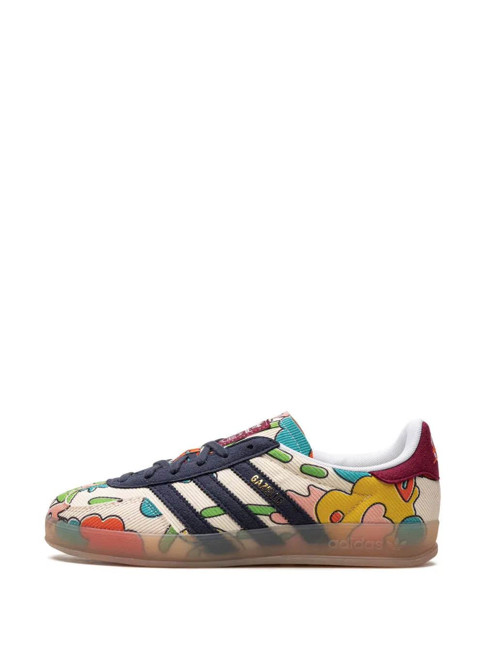 adidas Gazelle indoor sneakers side profile, multicolor cartoon-style print and black stripes