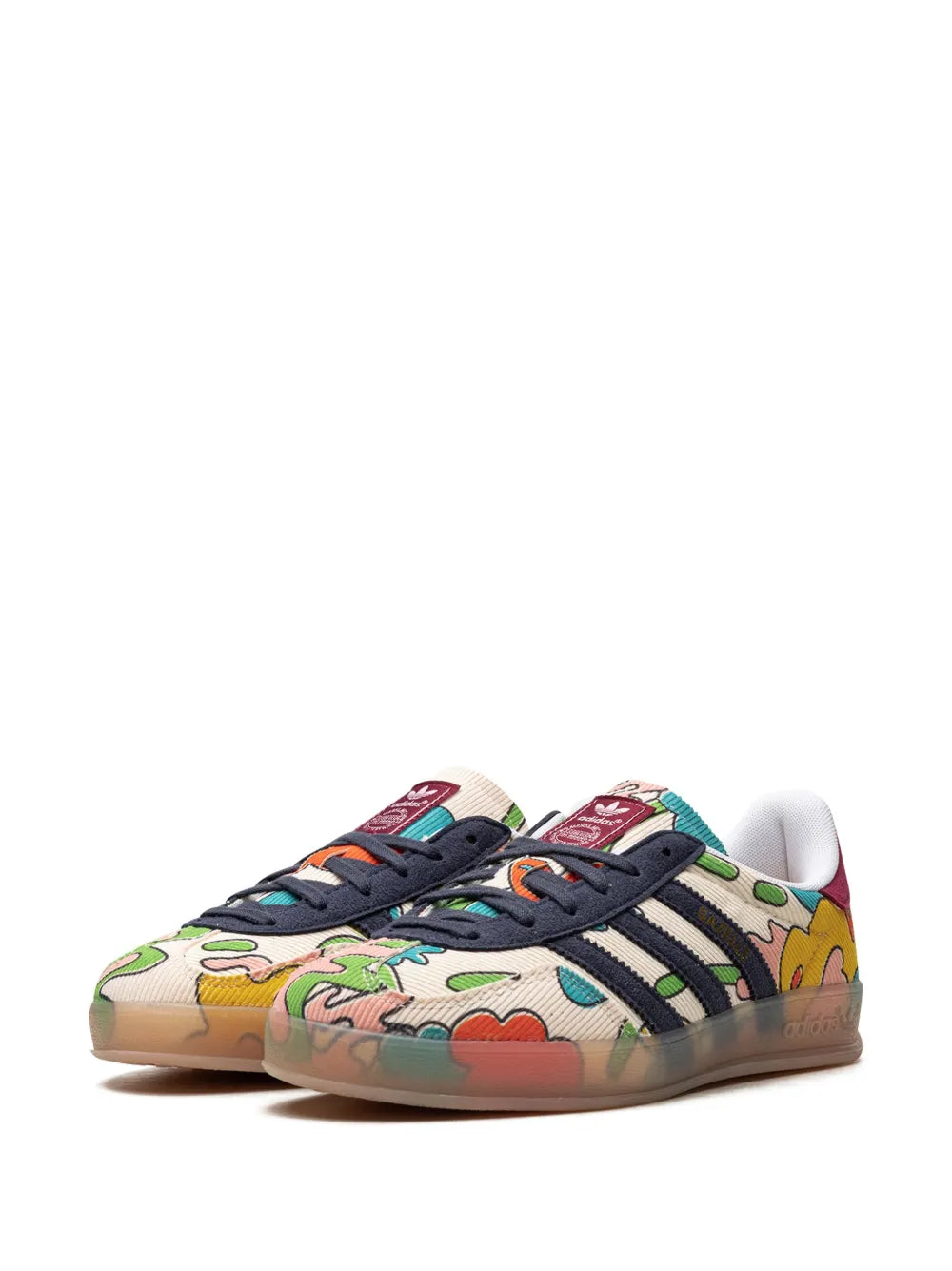 adidas Gazelle indoor sneakers pair view, multicolor print with black stripes and laces