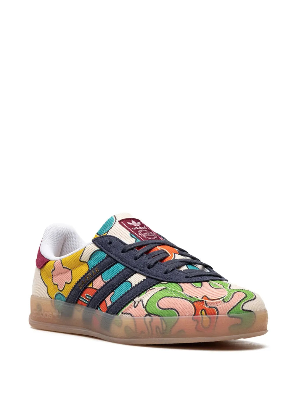 adidas Gazelle indoor sneakers with colorful graphic upper, maroon heel tab, and gum sole