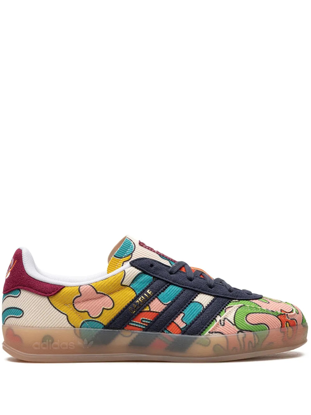 adidas Gazelle indoor sneakers in white with multicolor graffiti print and black stripes