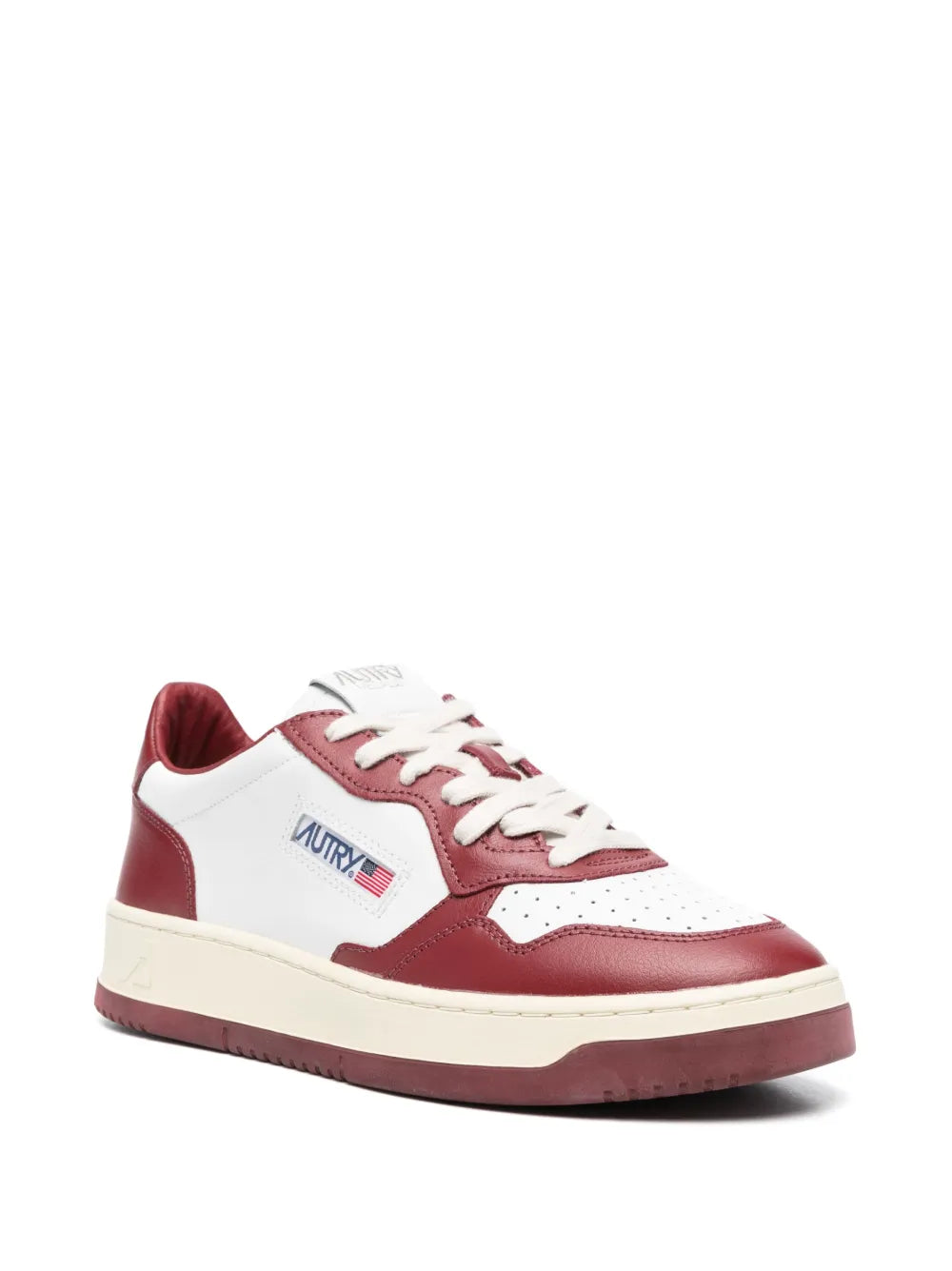 Autry low-top lace-up sneakers, white with burgundy panels and off-white sole