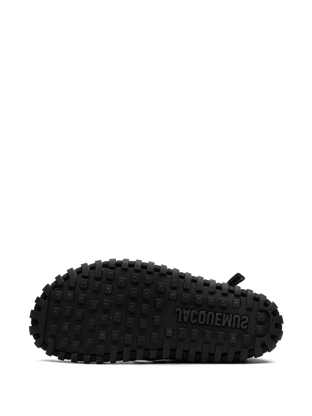 Black rubber outsole with deep tread pattern for traction