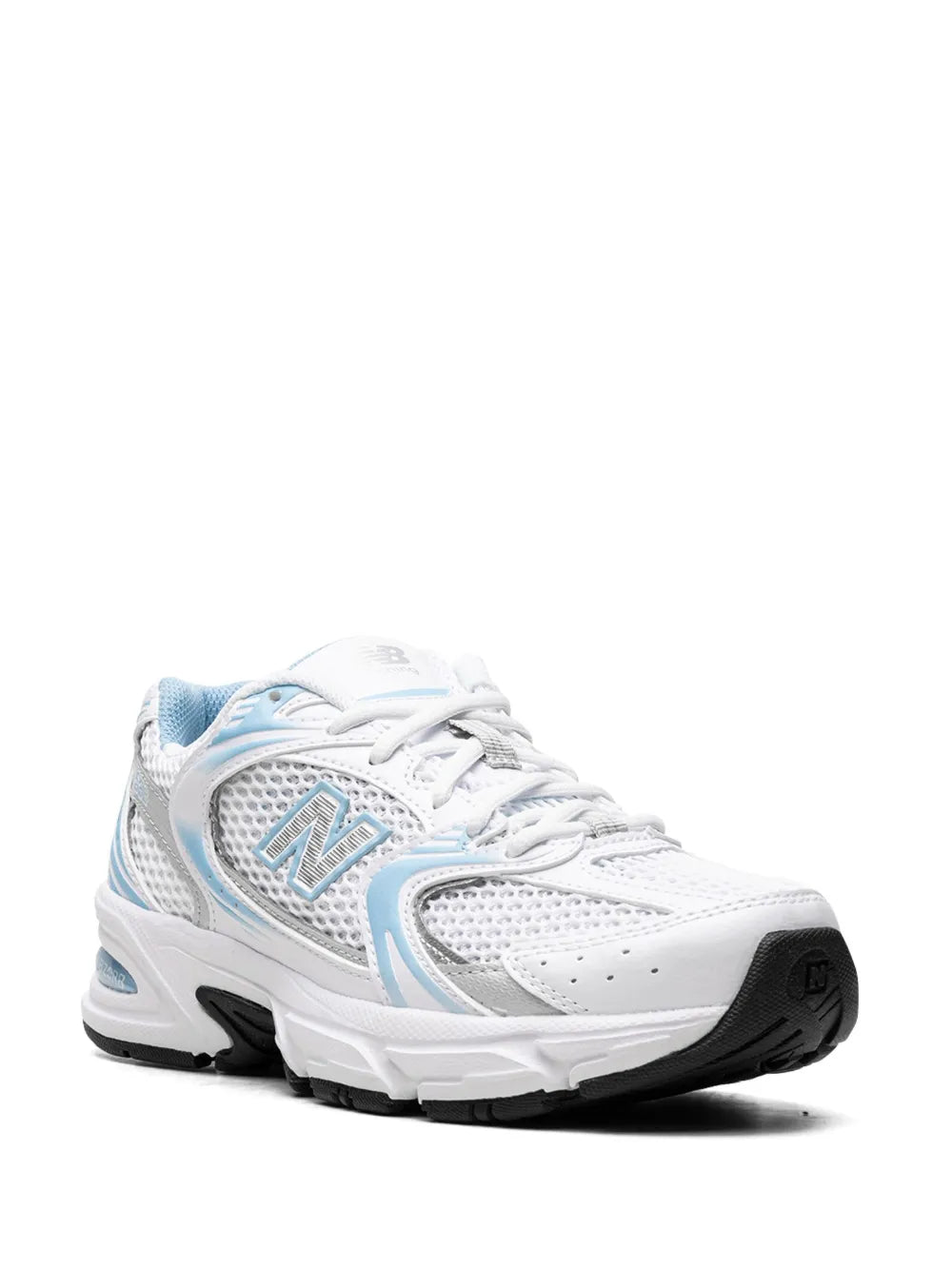 White and light blue athletic sneakers, lace-up front, black outsole, 'N' logo