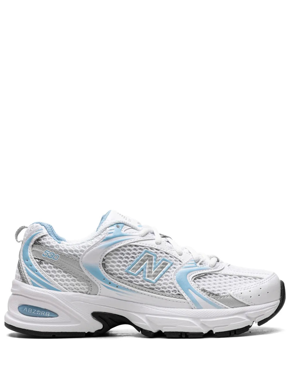 White mesh running shoes with light blue overlays, 'N' logo, black rubber sole