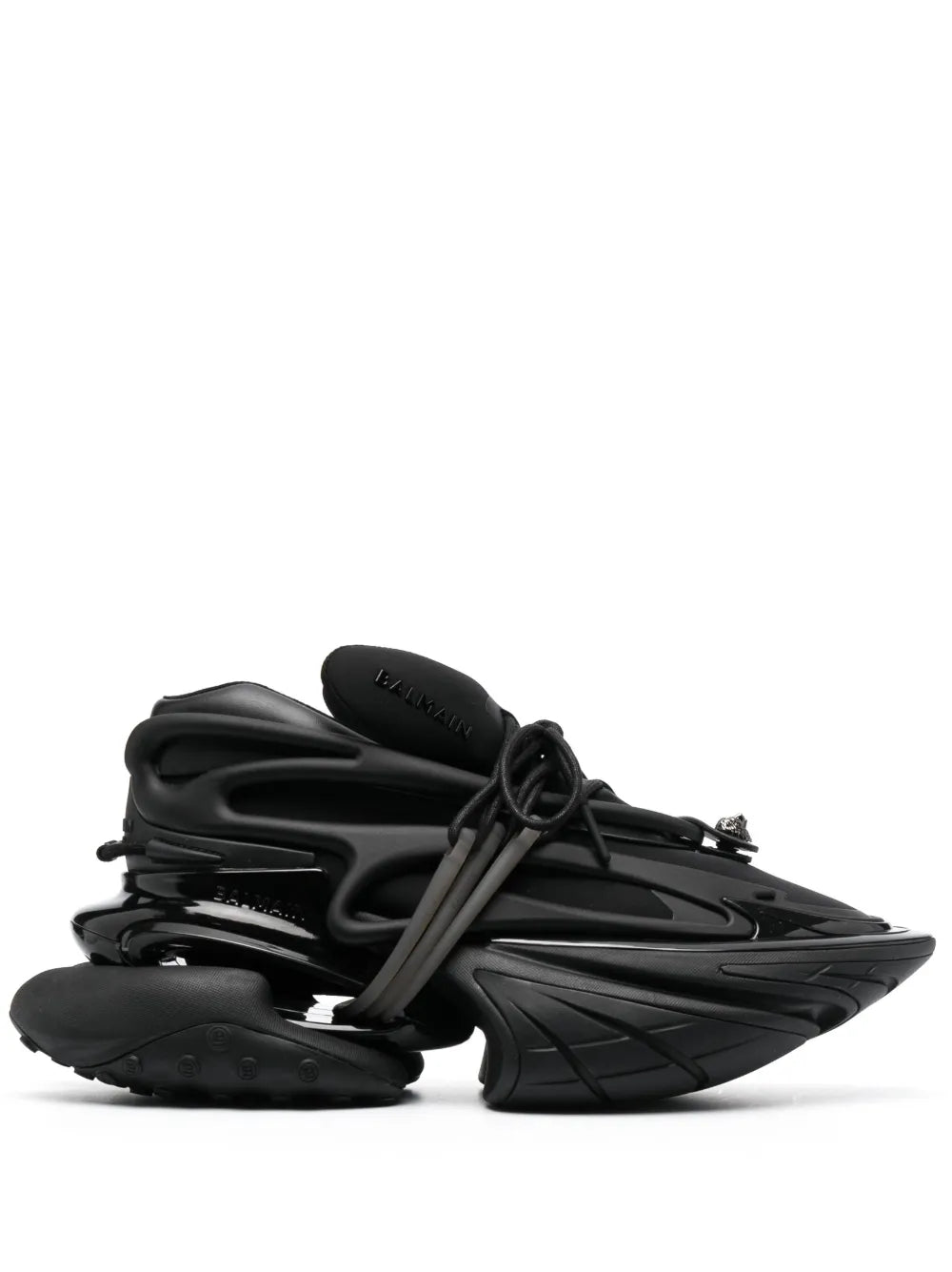 Balmain black low-top sneakers with chunky sole, lace-up front, glossy panels