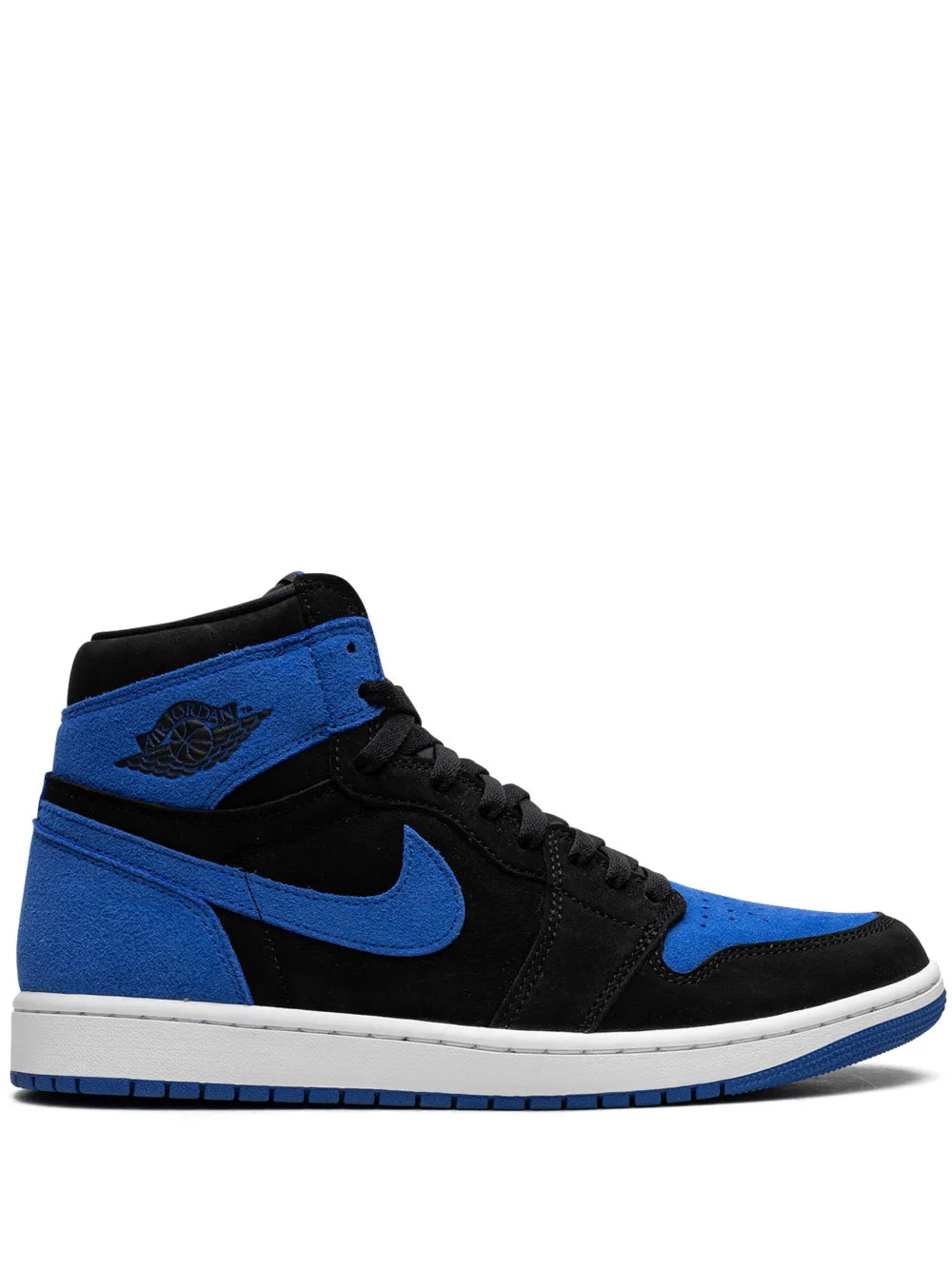 Air Jordan 1 Reimagined black and royal blue high-top sneakers, side swoosh detail