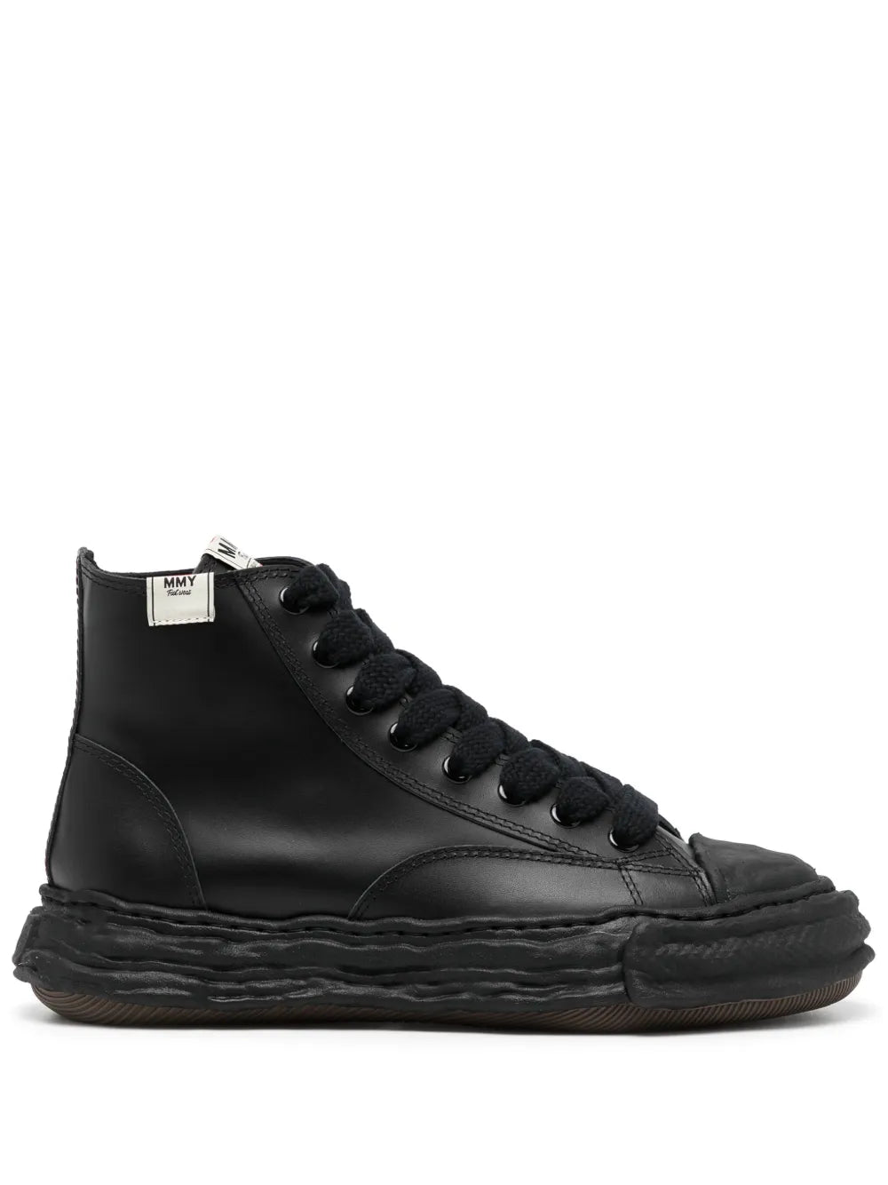 Black lace-up high-top sneakers with thick rubber sole and side stitching