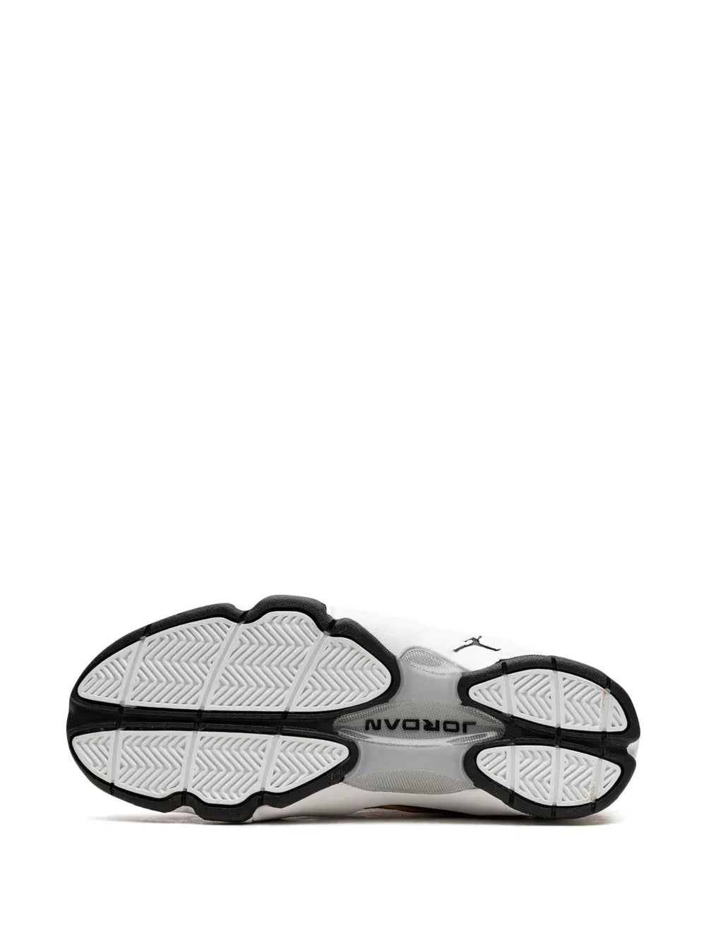 Brown high-top sneaker outsole view with patterned rubber tread and logo