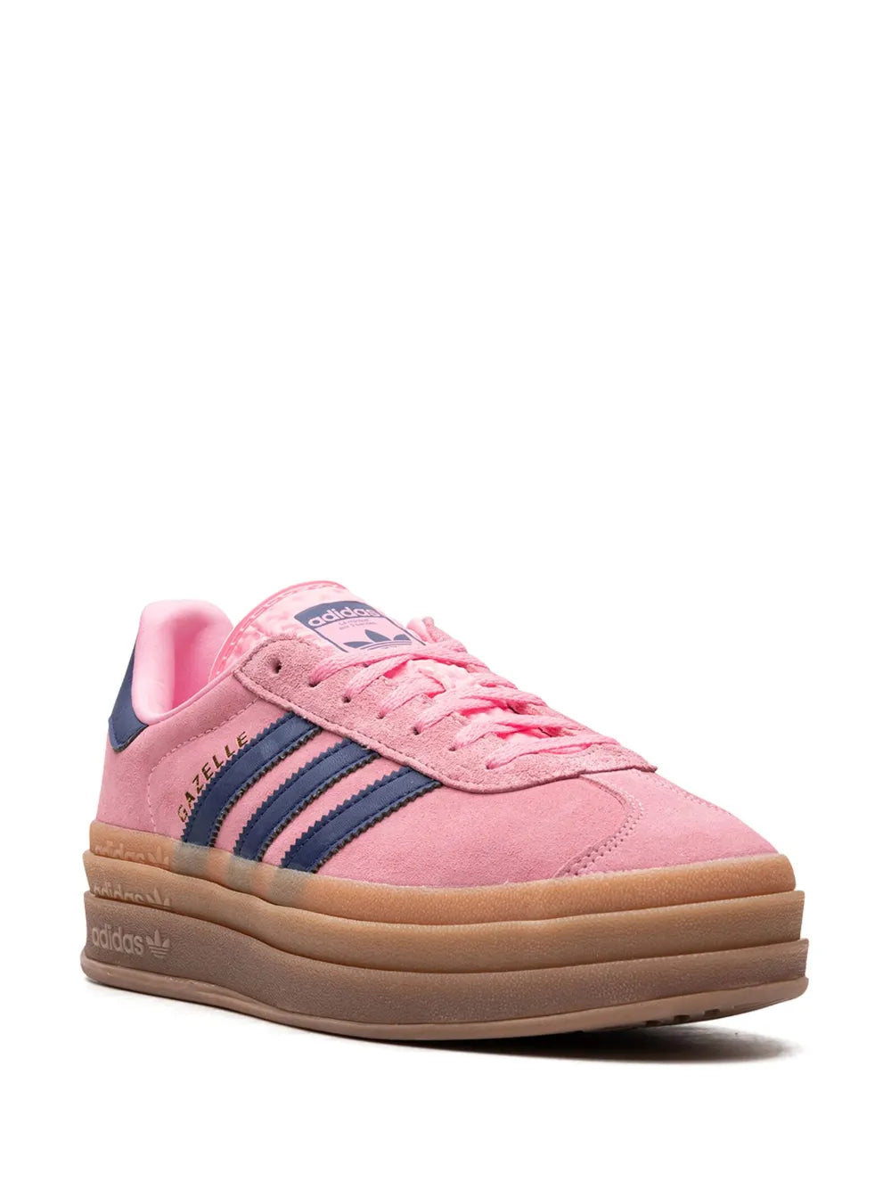 adidas Gazelle Bold low-top sneakers, pink with navy stripes, lace-up, gum sole