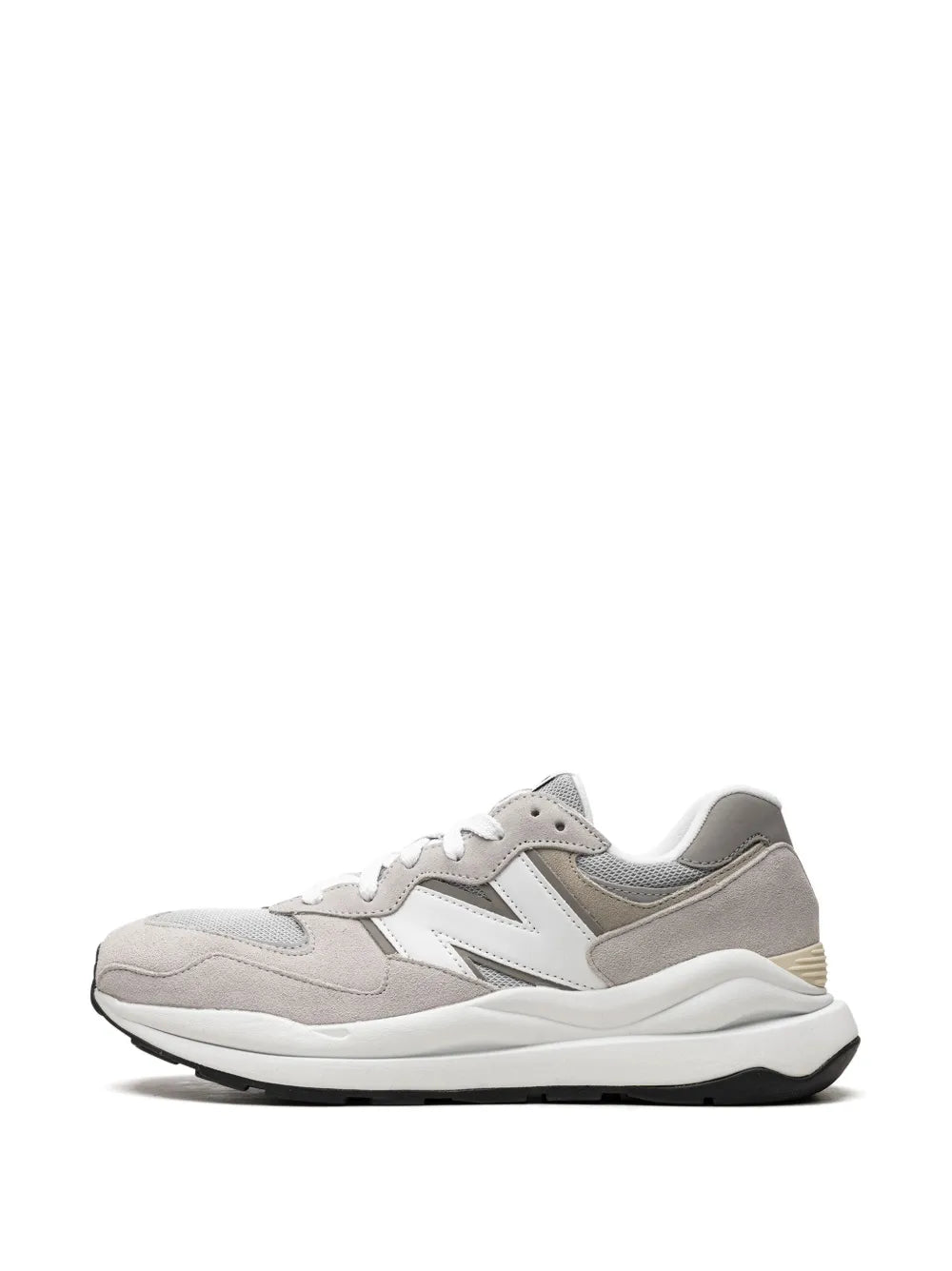 New Balance 57/40 grey-and-white sneakers, front 3/4 view, white midsole