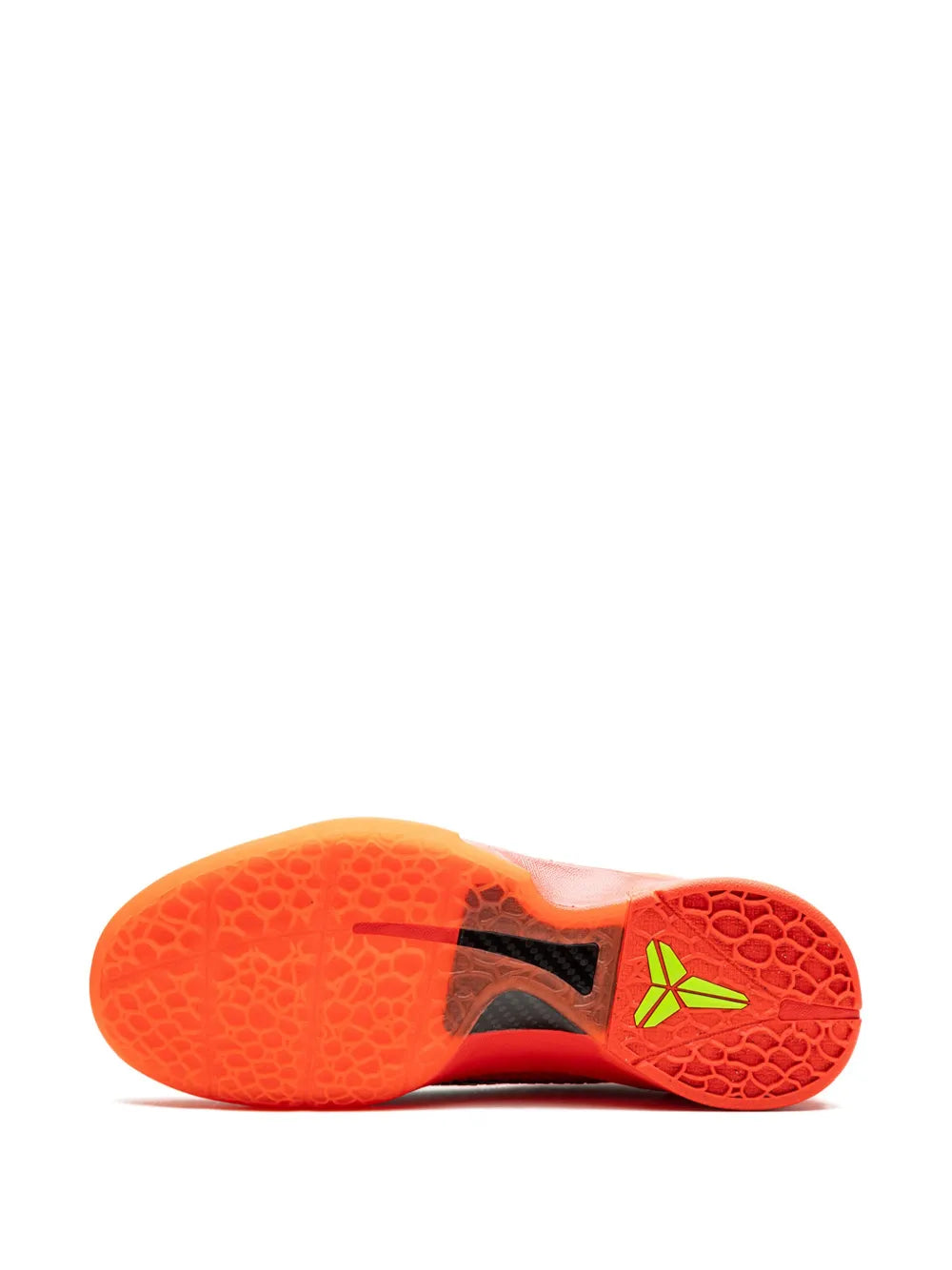 Red outsole with textured traction, black insert, and green logo