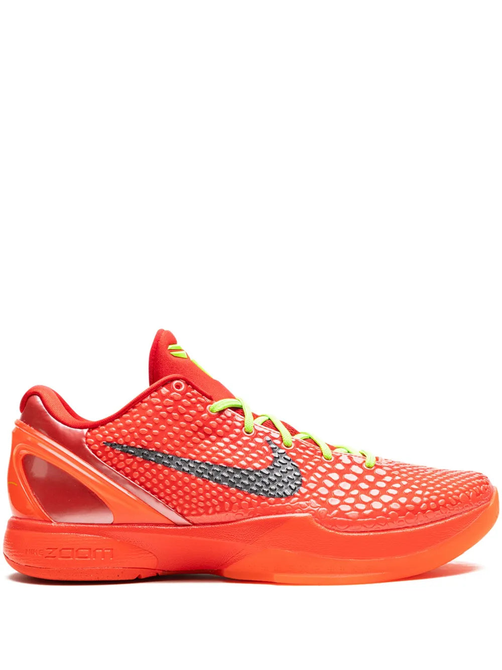 Red mesh basketball shoe with black swoosh and neon green laces
