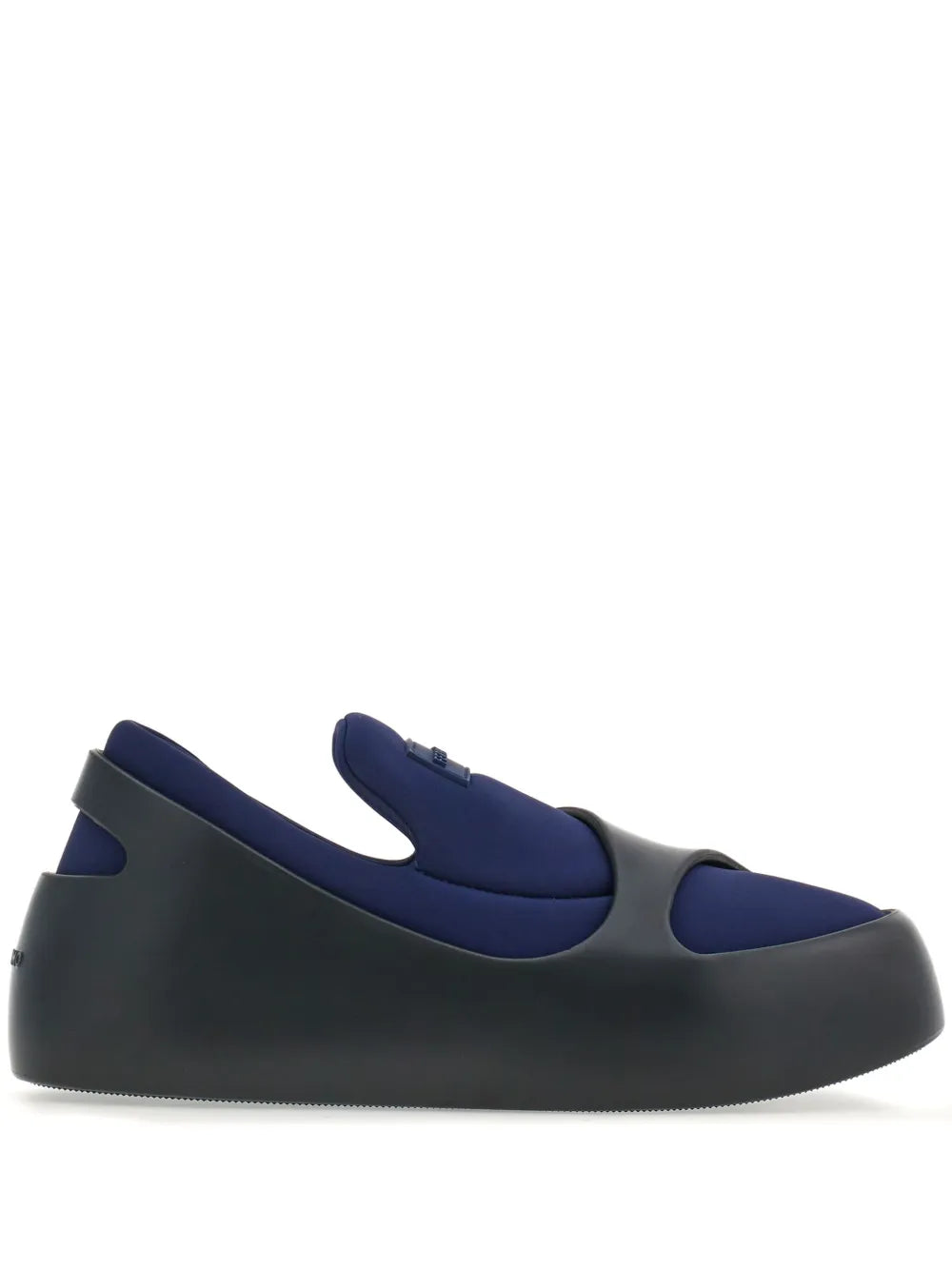 Ferragamo hybrid logo-patch slip-on shoes, black and blue, side view