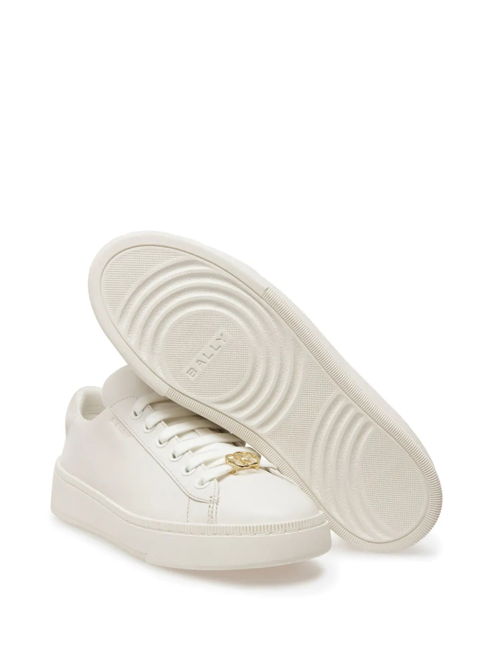 White leather sneakers with textured sole, top view showing Bally logo