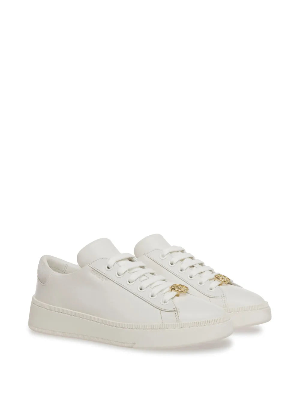 White leather sneakers, side view, lace-up with small gold emblem