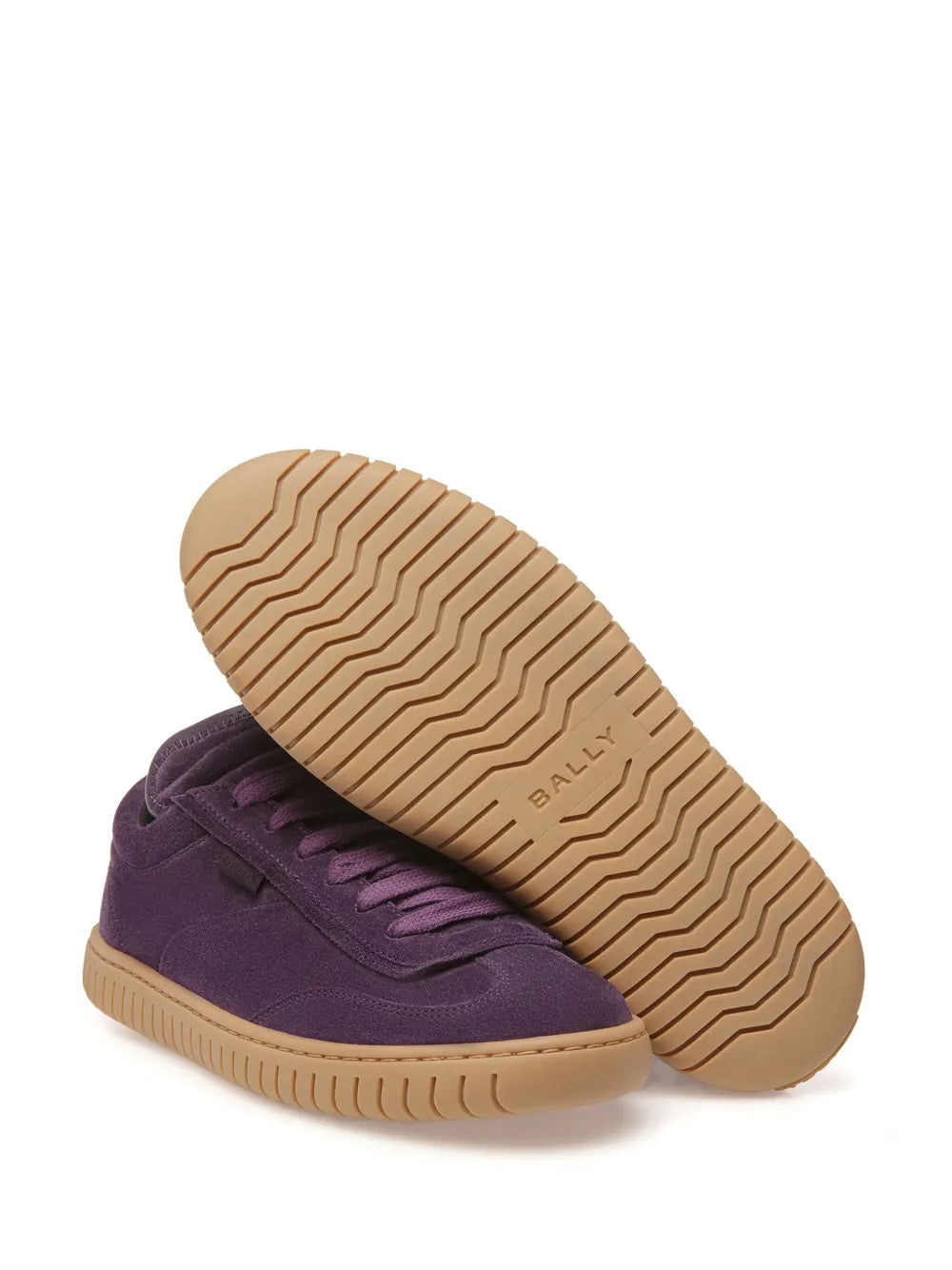 Purple suede sneakers with tan rubber outsole tread and lace-up front