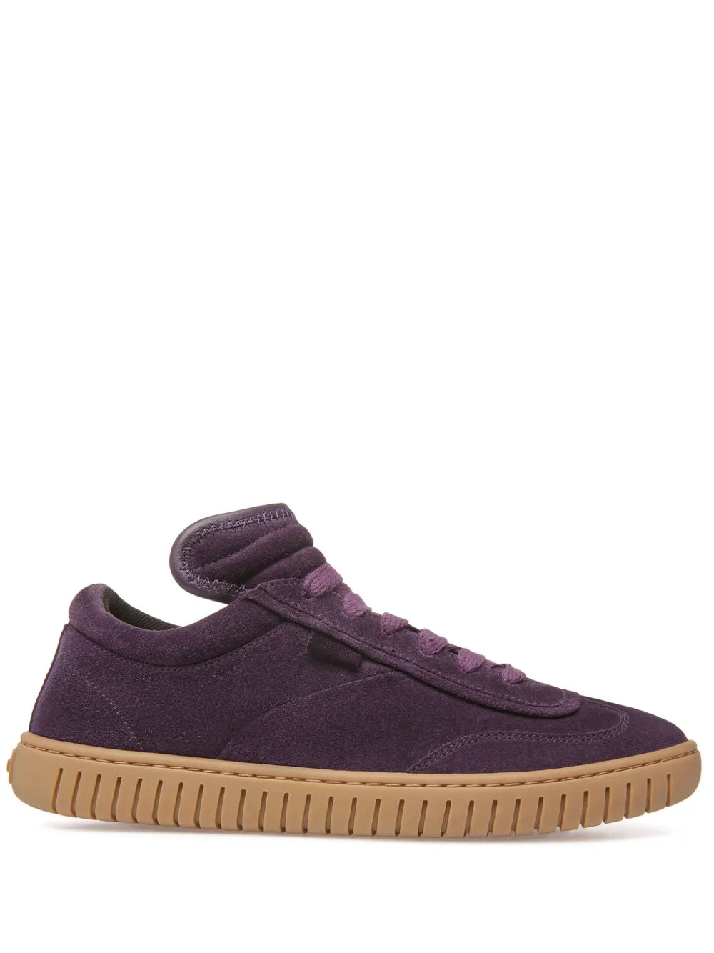 Purple suede lace-up sneakers with gum rubber sole and Bally logo at heel
