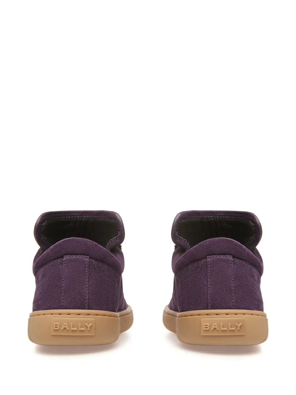 Purple suede sneakers with Bally logo heel tabs and padded dark interior