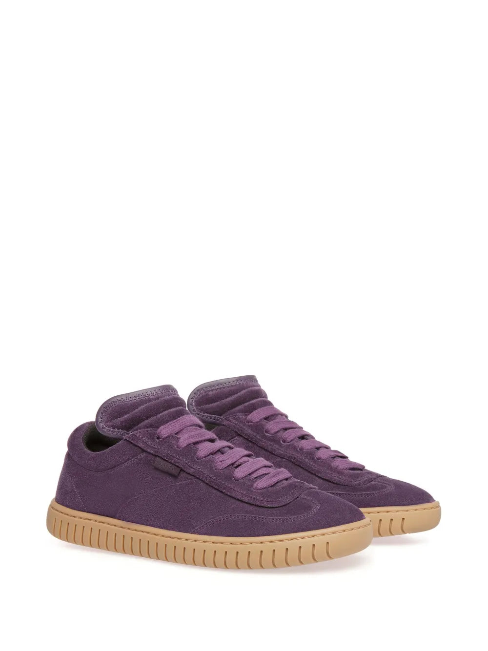 Purple suede lace-up sneakers, side view with cushioned collar and gum sole