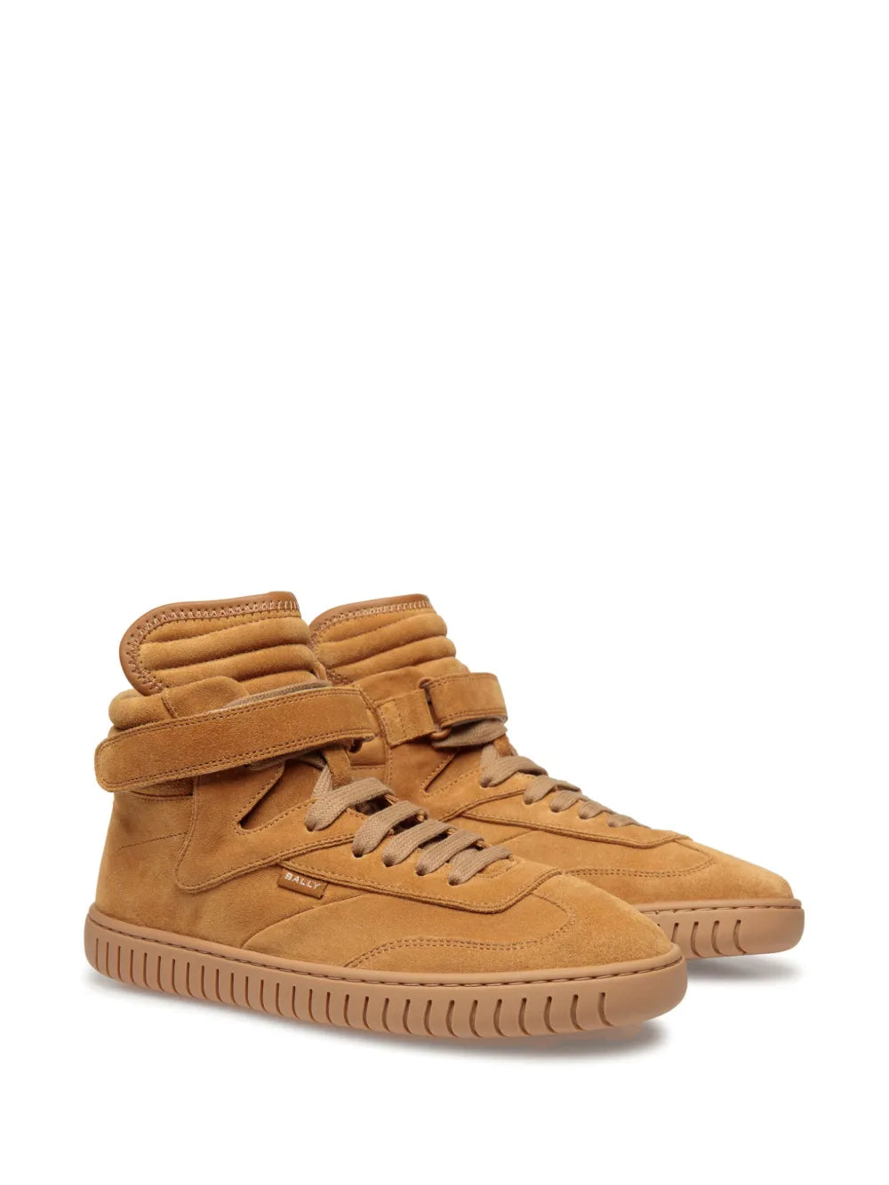 Brown suede high-top sneakers with double strap, lace-up front, and side panels