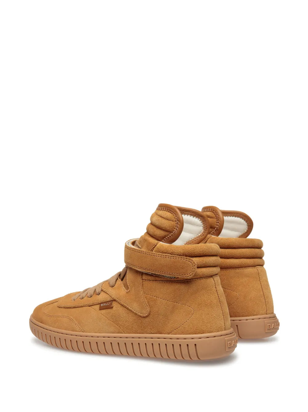 Tan suede high-top sneakers with ankle strap and lace-up front, ribbed rubber sole