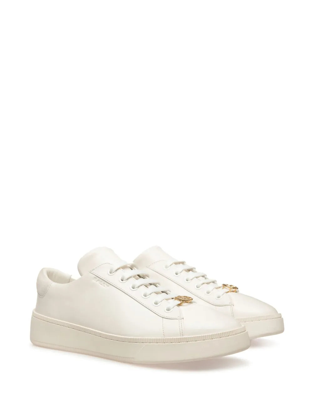 Bally Ryver leather sneakers in white, lace-up with gold eyelets and logo hardware.