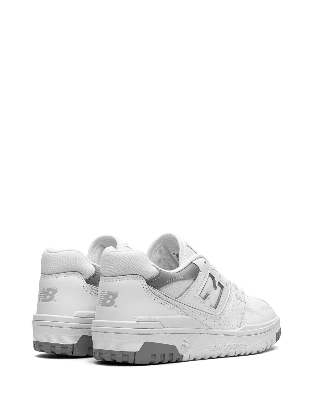 New Balance 550 white sneakers, heel and side view with grey logo details