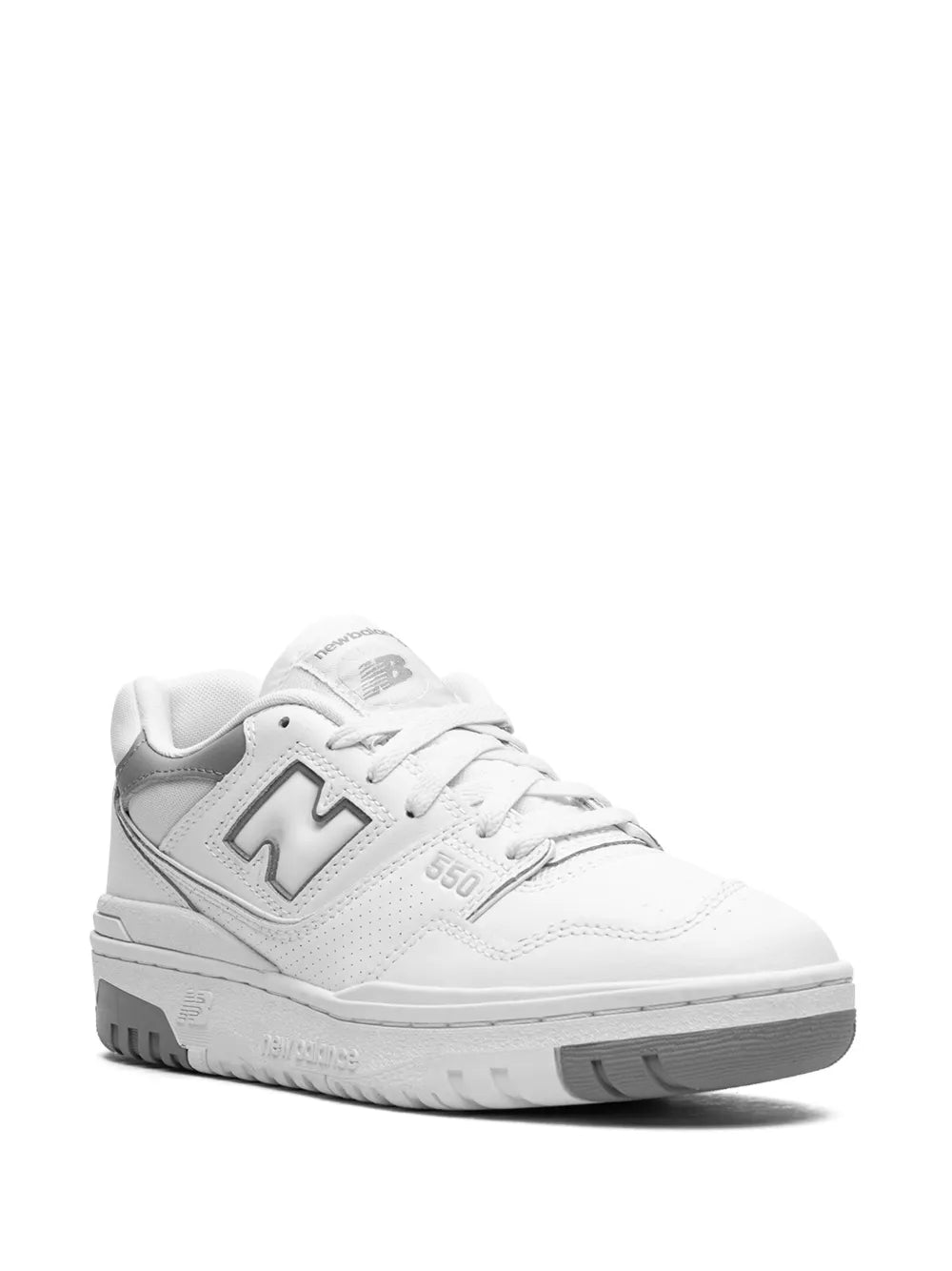 New Balance 550 white low-top sneakers with grey accents and lace-up front