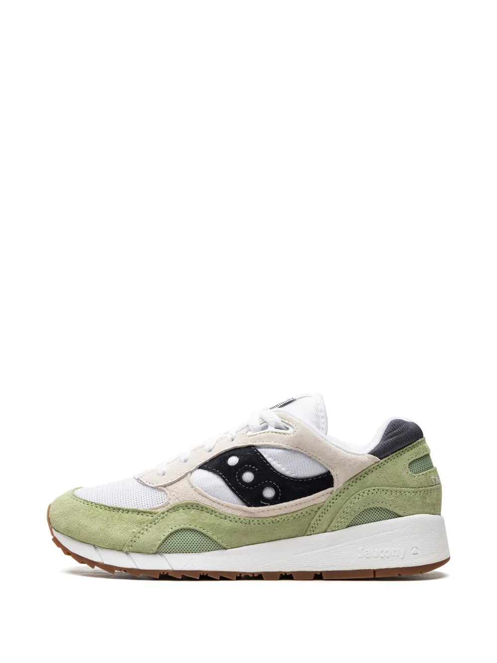 White and olive-green lace-up sneaker with black emblem and cushioned collar