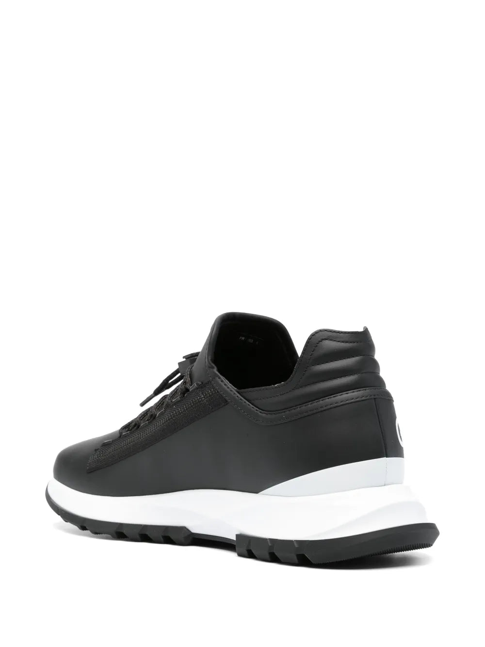 Black sneakers with white midsole, lace-up, cushioned collar